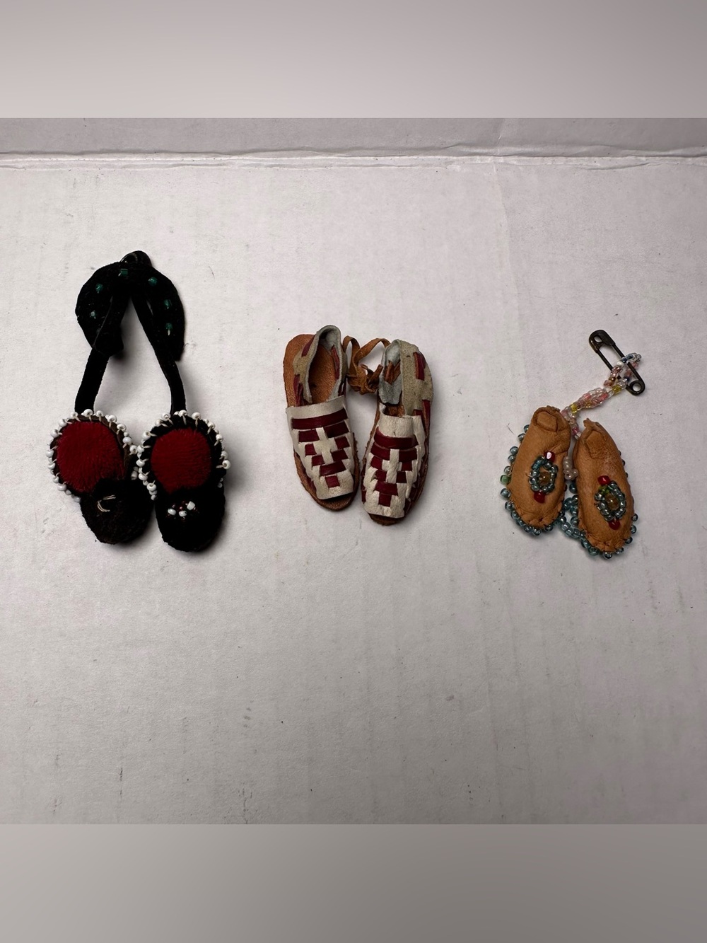 VTG Native American Miniature Beaded Leather Woven Souvenir Pin Moccasins-3 Pair